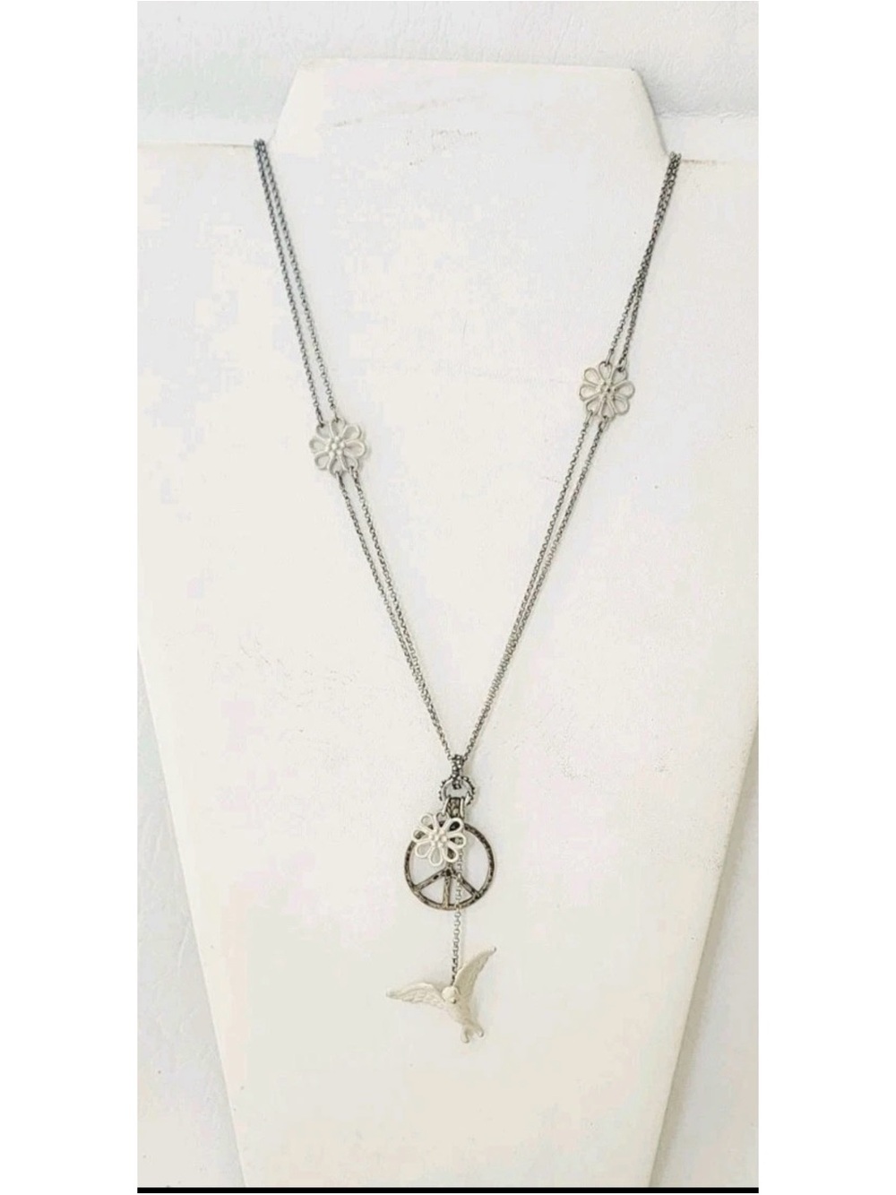 Lucky Brand Y2K Bird Dove Enameled Flower Peace Necklace Silver Tone Lobster 26"